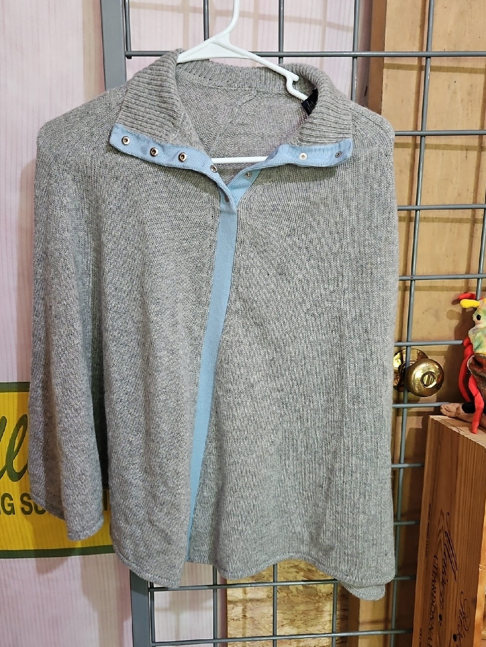 Magaschoni Gray Knit Snap-Front Poncho with Light Blue Trim Cashmire